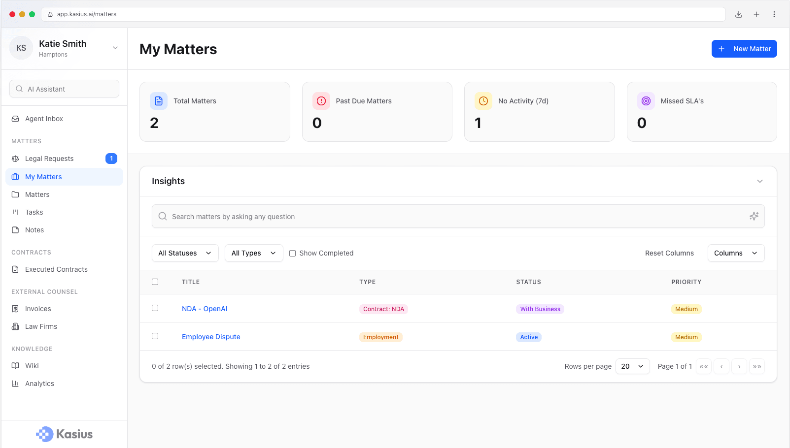 Kasius dashboard showing live legal work with clear ownership, priorities, and visibility